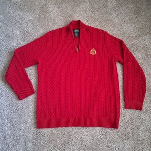 Lauren Ralph Lauren Womans Red Cable-Knit Quarter-Zip Sweater with Crest